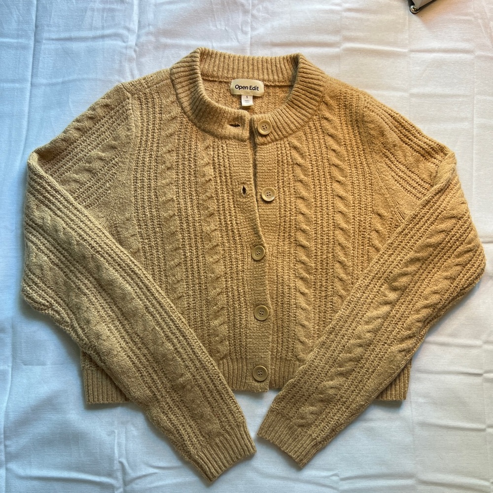 Open Edit Nordstrom Women's Tan Camel Cable Knit Crop Cardigan Sweater